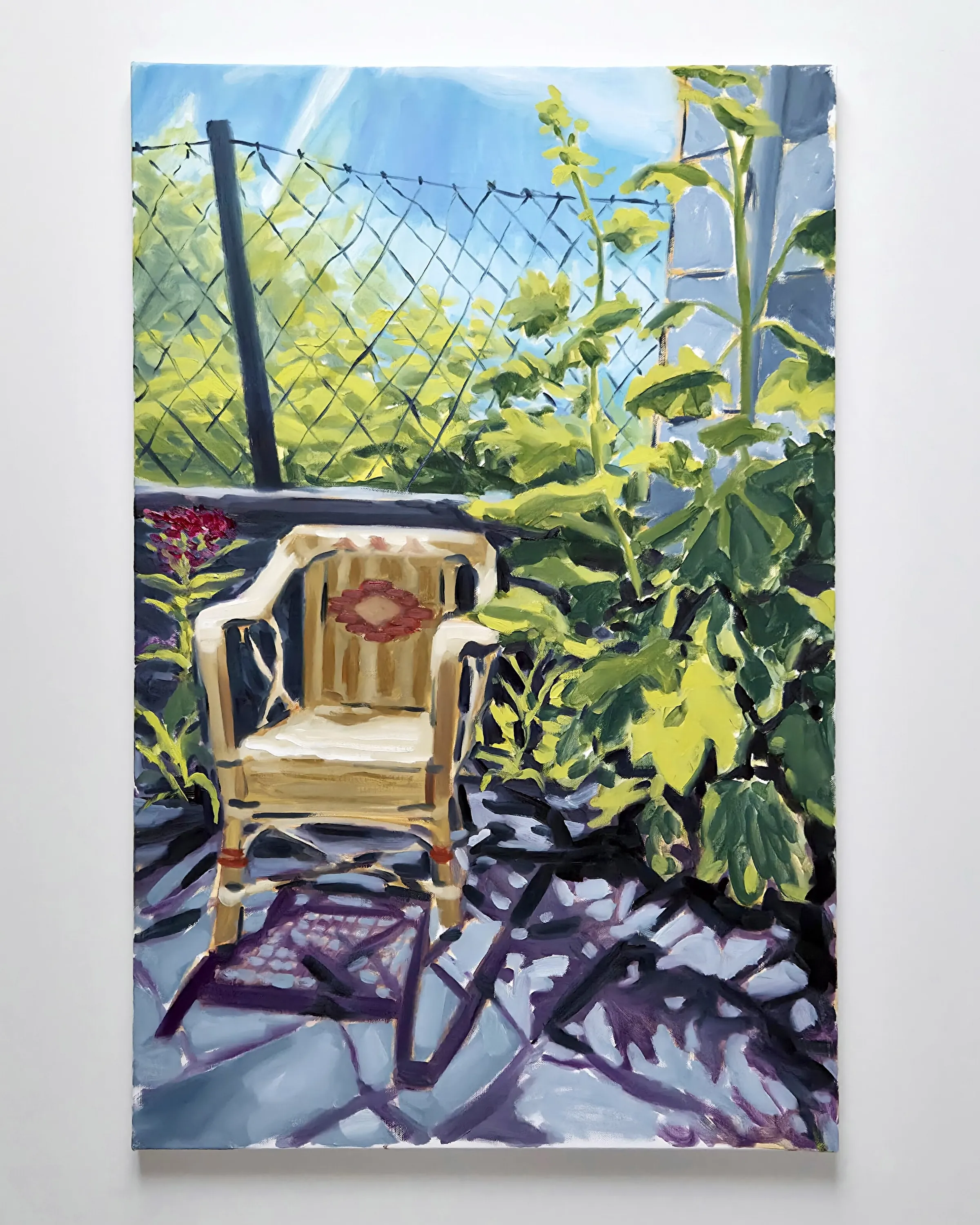 Chaise en osier dans le jardin — Huile sur toile 
100,5cm x 65,5cm 
 — 2026