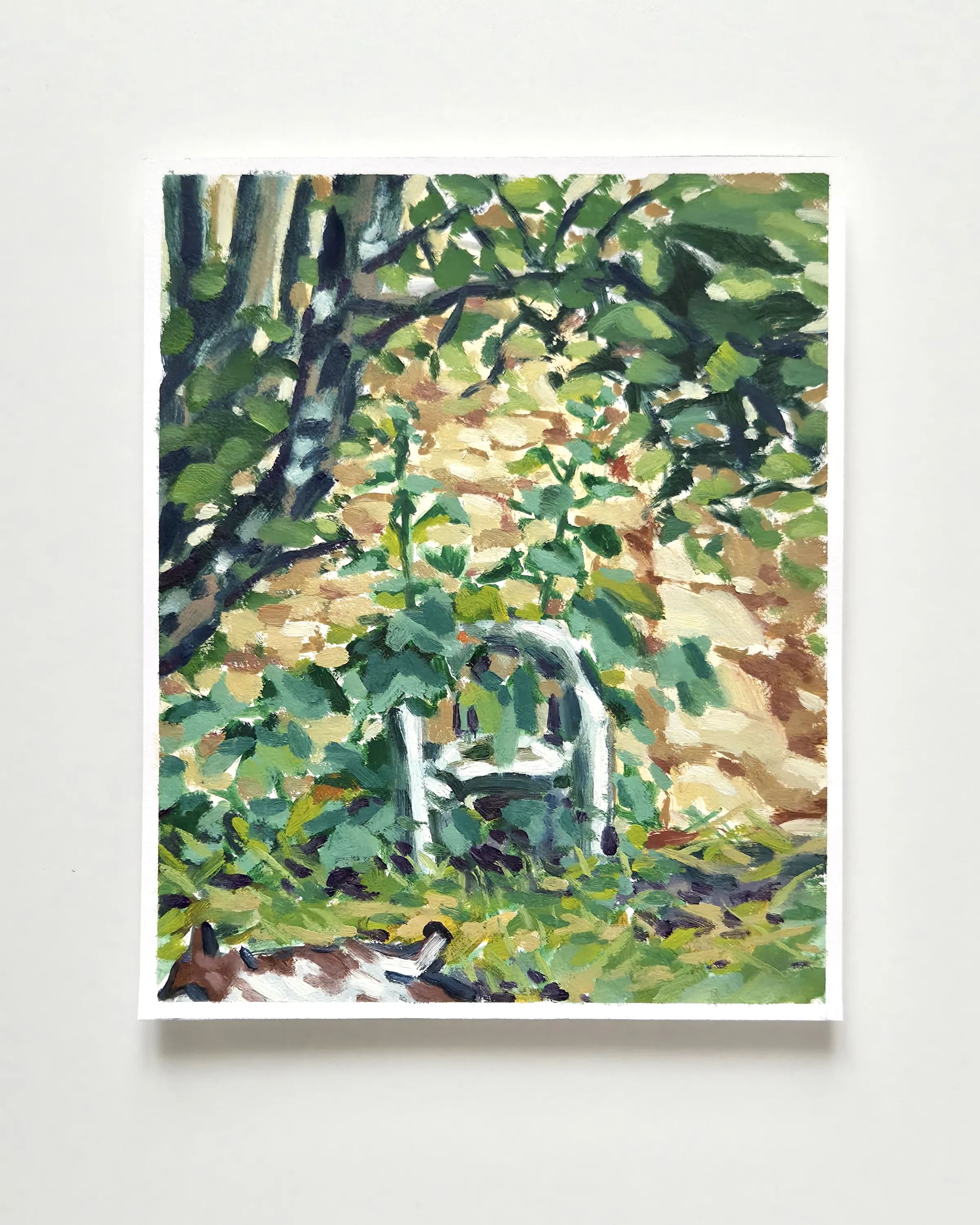 Chaise en plastique dans le jardin  — Huile sur papier - 25 cm x 21 cm 
2026
